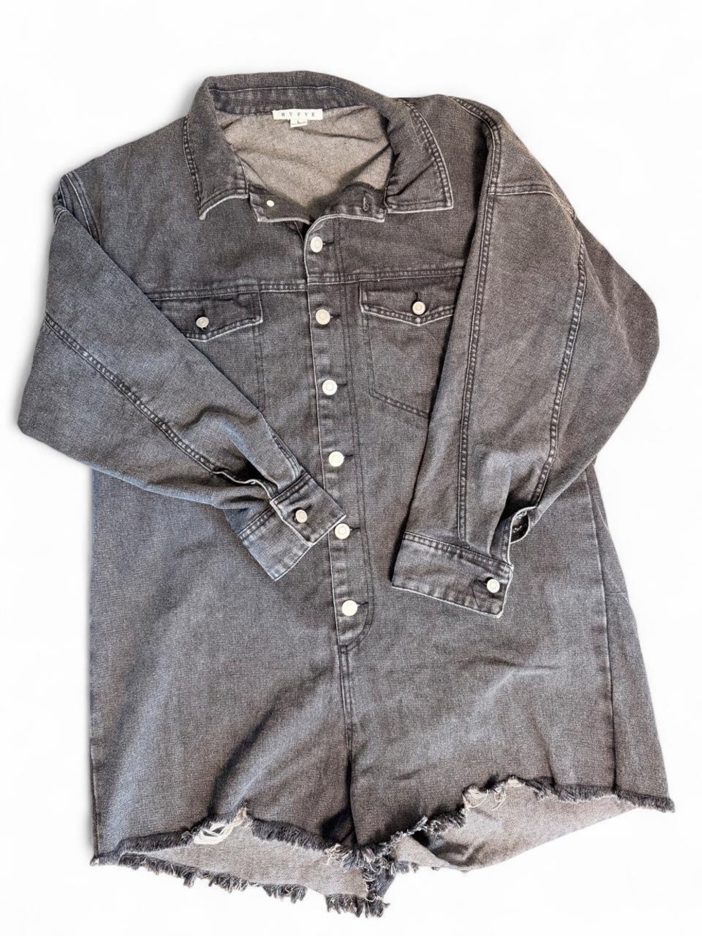 HYFVE Black Denim Oversized Utility Romper Distressed Raw Hem Size L